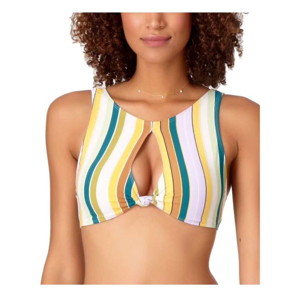 STUDIO ANN COLE Women's Multi Color Stripe Knot Keyhole High Neck Swimsuit Top S